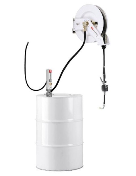 PAQUETE ESTACIONARIO DE BOMBA NEUMÁTICA PUMPMASTER 2 - 3:1 PARA ACEITE CON ENROLLADOR RM-12, BIDÓN 205 L