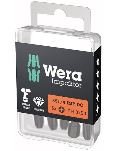 Punta Impaktor 1/4 DIN 3126 E6,3 PH3x50mm Paquete 5 uds Wera