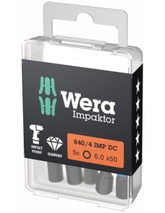 Punta Impaktor 1/4 DIN 3126 E6,3 hembra hexagonal 6x50mm Paquete 5 uds Wera