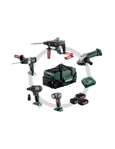 PACK AMOLADORA + MARTILLO + TALADRO + ATORNILLADOR IMPACTO + FOCO LED + 3 BATERIAS + CARGADOR + BOLSA METABO 691006000