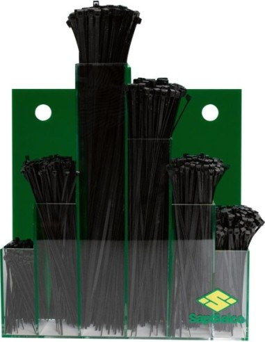 Surtido de bridas para cables 600 piezas en expositor mural negro SapiSelco
