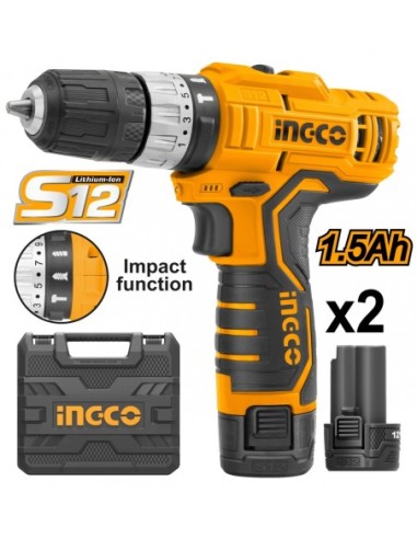 INGCO CIDLI1232 TALADRO ATORNILLADOR CON PERCUTOR 12V INCLUYE CARGADOR Y 2 BATERIAS