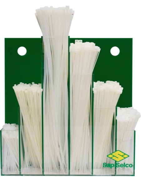 Surtido de bridas para cables 600 piezas en expositor mural natural SapiSelco