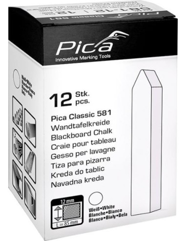 Tiza de pizarra Pica-Classic blanca 12x12x85mm,cuad. con punta, sin env.papel caja 12 uds. Pica