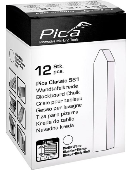 Tiza de pizarra Pica-Classic blanca 12x12x85mm,cuad. con punta, sin env.papel caja 12 uds. Pica