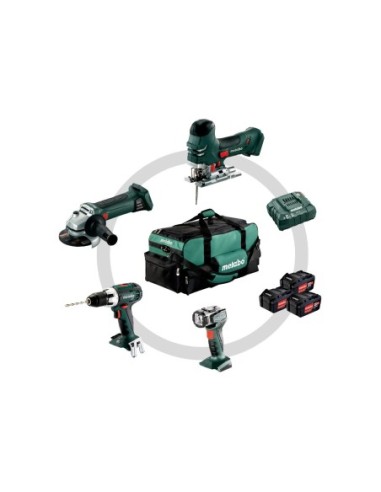 PACK AMOLADORA + SIERRA CALAR + TALADRO + FOCO LED + 3 BATERIAS + CARGADOR + BOLSA METABO 691013000