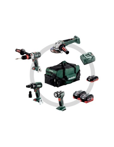 PACK AMOLADORA + ATORNILLADOR IMPACTO + TALADRO + FOCO LED + 3 BATERIAS + CARGADOR + MALETIN METABO 691015000