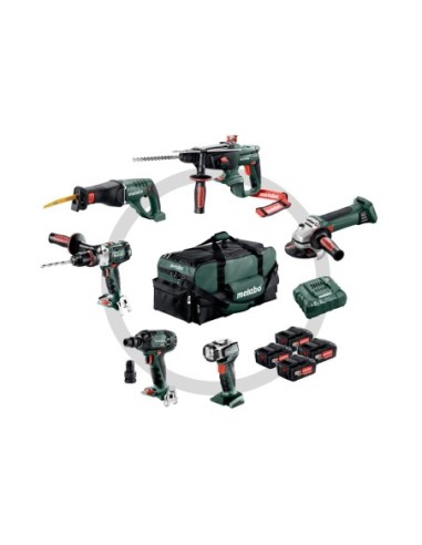 PACK AMOLADORA + MARTILLO + SIERRA SABLE + ATORNILLADOR IMPACTO + TALADRO + FOCO LED + 3 BATERIAS + CARGADOR + BOLSA METABO 691