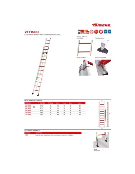 2TFV/EC | Escalera de fibra de vidrio extensible con cuerda