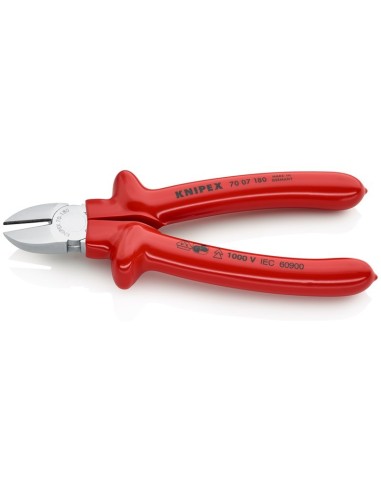 Alicate de corte diagonal aislados por inmersión en plástico reforzado, según norma VDE cromado 180 mm KNIPEX 70 07 180