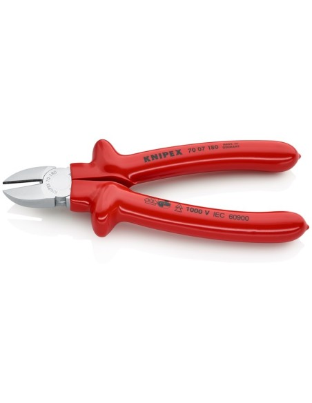 Alicate de corte diagonal aislados por inmersión en plástico reforzado, según norma VDE cromado 180 mm KNIPEX 70 07 180