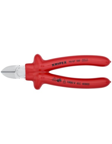Alicate de corte diagonal aislados por inmersión en plástico reforzado, según norma VDE cromado 180 mm KNIPEX 70 07 180