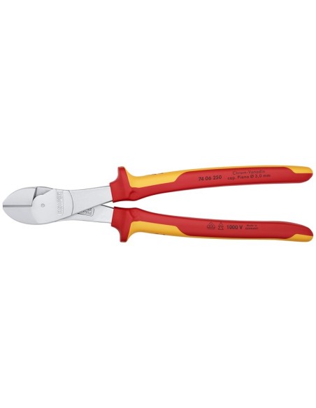 Alicates de corte diagonal de fuerza aislados con fundas multicomponentes, según norma VDE cromado 250 mm KNIPEX 74 06 250