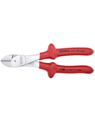 Alicates de corte diagonal de fuerza aislados por inmersión en plástico reforzado, según norma VDE cromado 200 mm KNIPEX 74 07