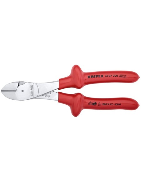 Alicates de corte diagonal de fuerza aislados por inmersión en plástico reforzado, según norma VDE cromado 200 mm KNIPEX 74 07
