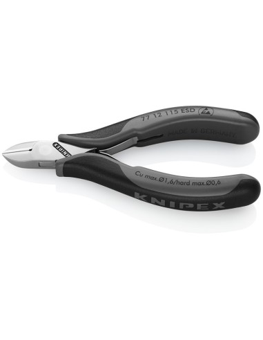 Alicates de corte diagonal para electrónica ESD con fundas multicomponentes 115 mm (cartulina autoservicio/blíster) KNIPEX 77 1