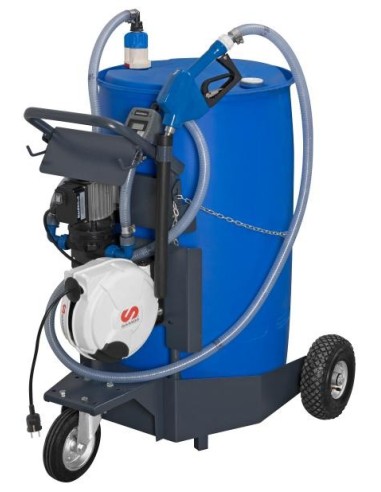 PAQUETE MÓVIL DE BOMBA ELÉCTRICA SERIE SOLURA 230 V AC PARA UREA/ADBLUE CON BOQUEREL AUTOMÁTICO, CONTADOR Y ENROLLADOR, BIDÓN 2