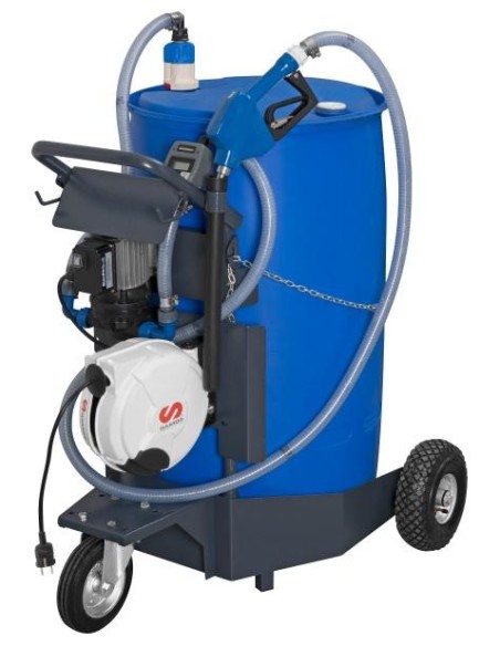 PAQUETE MÓVIL DE BOMBA ELÉCTRICA SERIE SOLURA 230 V AC PARA UREA/ADBLUE CON BOQUEREL AUTOMÁTICO, CONTADOR Y ENROLLADOR, BIDÓN 2