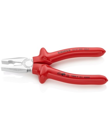 Alicate universal aislados por inmersión en plástico reforzado, según norma VDE cromado 200 mm KNIPEX 03 07 200