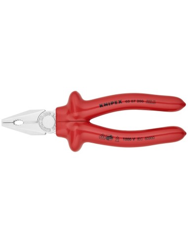 Alicate universal aislados por inmersión en plástico reforzado, según norma VDE cromado 200 mm KNIPEX 03 07 200