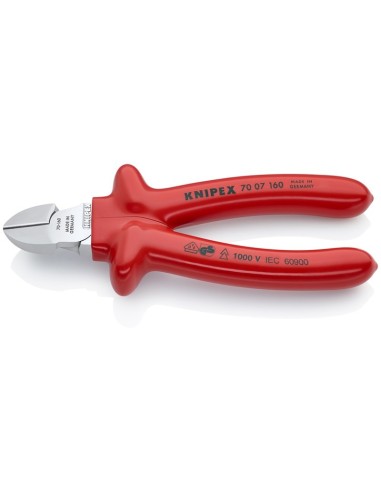 Alicate de corte diagonal aislados por inmersión en plástico reforzado, según norma VDE cromado 160 mm KNIPEX 70 07 160
