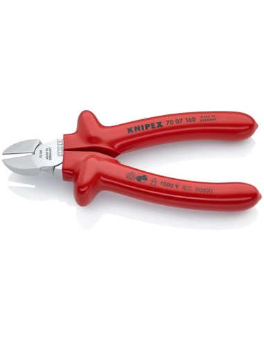 Alicate de corte diagonal aislados por inmersión en plástico reforzado, según norma VDE cromado 160 mm KNIPEX 70 07 160