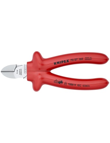 Alicate de corte diagonal aislados por inmersión en plástico reforzado, según norma VDE cromado 160 mm KNIPEX 70 07 160