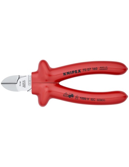 Alicate de corte diagonal aislados por inmersión en plástico reforzado, según norma VDE cromado 160 mm KNIPEX 70 07 160
