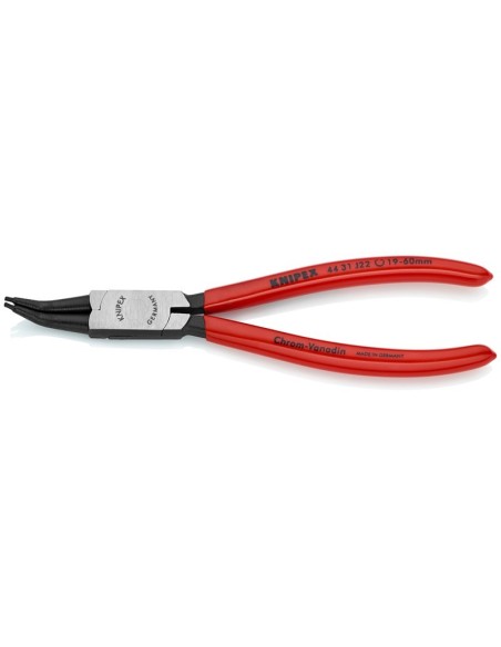 Alicate para arandelas para arandelas interiores en taladros en ángulo de 45° recubiertos de plástico negro atramentado 180 mm