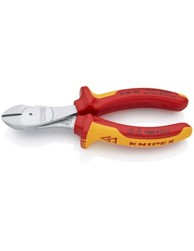 Alicates de corte diagonal de fuerza aislados con fundas multicomponentes, según norma VDE cromado 160 mm KNIPEX 74 06 160