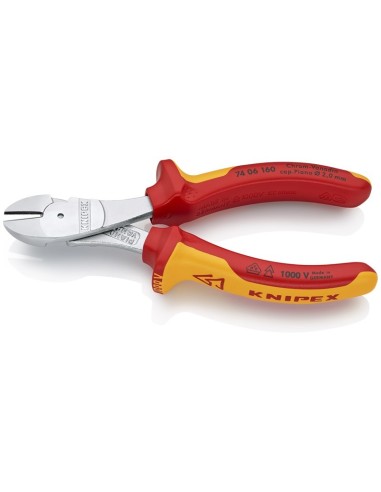 Alicates de corte diagonal de fuerza aislados con fundas multicomponentes, según norma VDE cromado 160 mm KNIPEX 74 06 160