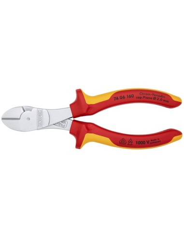 Alicates de corte diagonal de fuerza aislados con fundas multicomponentes, según norma VDE cromado 160 mm KNIPEX 74 06 160