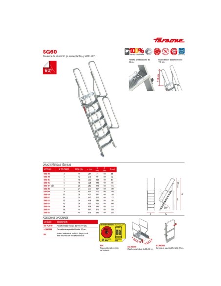 SG60 | Escalera de aluminio fija para entreplantas y altillos | Inclinación 60