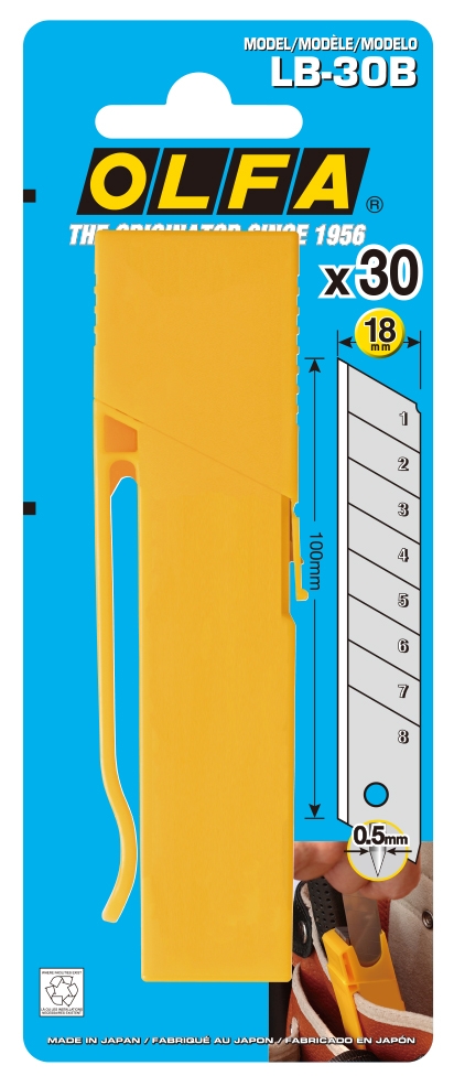 Cuchillas troceables de 18 mm en caja de plástico con clip OLF-LB-30B | CUCHILLAS