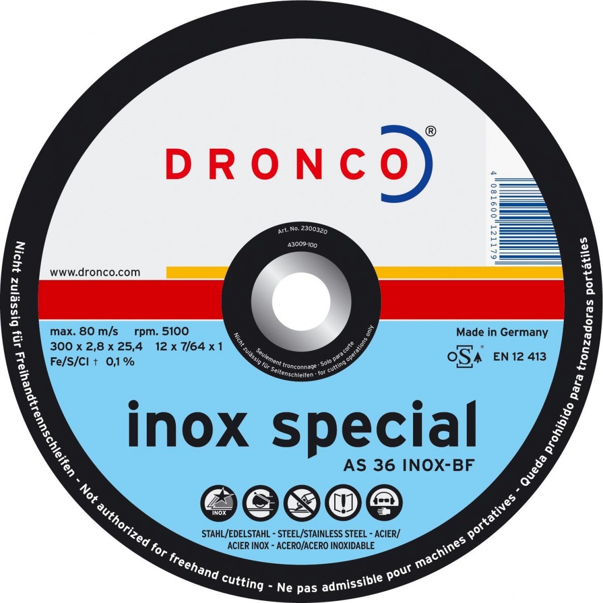 Disco de corte metal A 36 INOX Special DRO-AS36INOX-300 | DISCOS DE CORTE