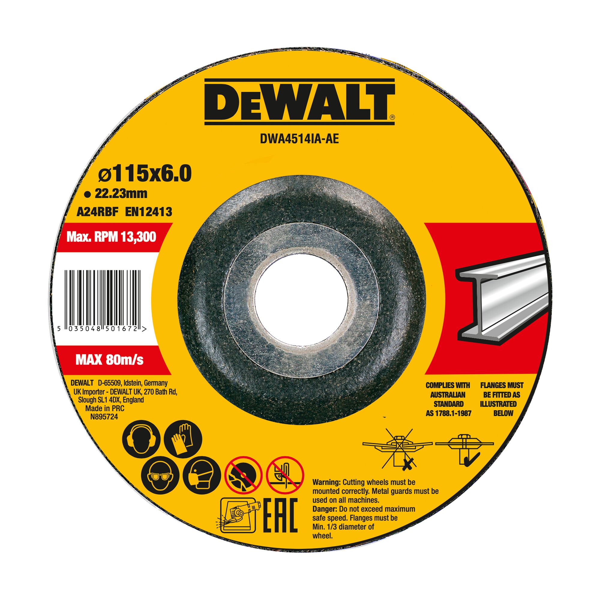 DWA4514IA-AE - Disco de desbaste cóncavo para metal 115 x 6 x 22.23 mm DEW-DWA4514IA-AE | DISCOS DE DESBASTE